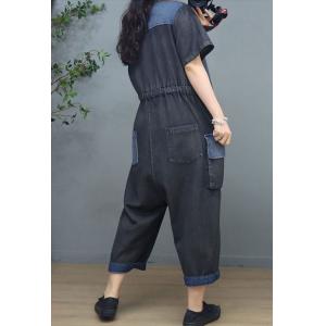 Slanted Button V-Neck Tied Jumpsuits Soft Denim Casual Coveralls