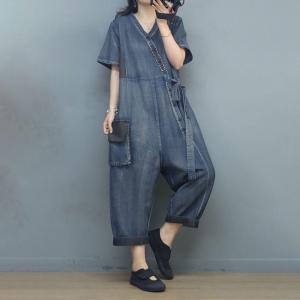 Slanted Button V-Neck Tied Jumpsuits Soft Denim Casual Coveralls