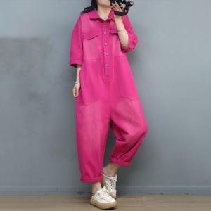 Pop Colors Polo Neck Jumpsuits Half Sleeves Cotton Coveralls