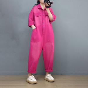 Pop Colors Polo Neck Jumpsuits Half Sleeves Cotton Coveralls