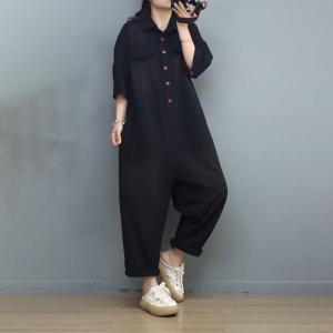 Pop Colors Polo Neck Jumpsuits Half Sleeves Cotton Coveralls