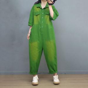 Pop Colors Polo Neck Jumpsuits Half Sleeves Cotton Coveralls