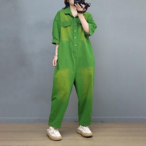 Pop Colors Polo Neck Jumpsuits Half Sleeves Cotton Coveralls