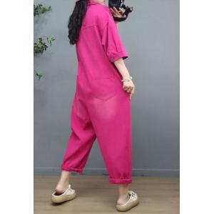 Pop Colors Polo Neck Jumpsuits Half Sleeves Cotton Coveralls