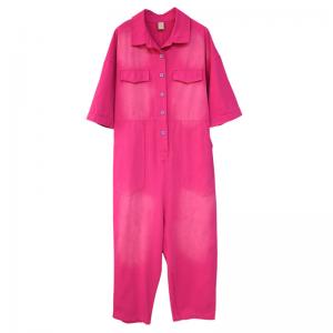 Pop Colors Polo Neck Jumpsuits Half Sleeves Cotton Coveralls