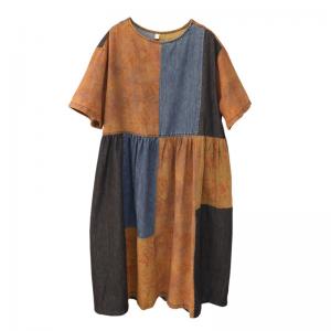 Color Blocks Loose Resort Dress Cotton Linen Summer Dress