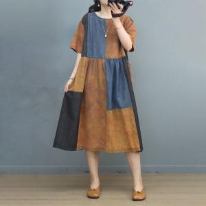 Color Blocks Loose Resort Dress Cotton Linen Summer Dress