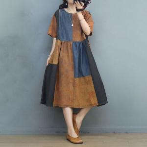 Color Blocks Loose Resort Dress Cotton Linen Summer Dress