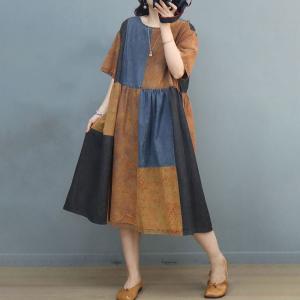 Color Blocks Loose Resort Dress Cotton Linen Summer Dress