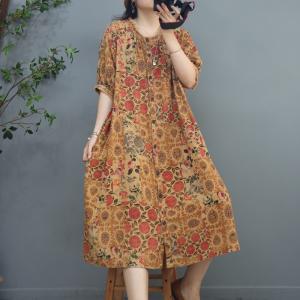 Summer Yellow Floral Dress Cotton Linen Plus Size Petite Dress