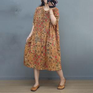 Summer Yellow Floral Dress Cotton Linen Plus Size Petite Dress