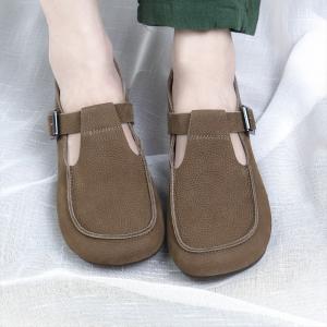 Hollow Out Leather Mary Jane Shoes Wide Toe T-Strap Flats