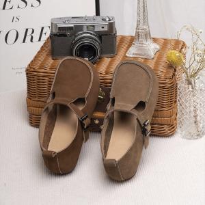 Hollow Out Leather Mary Jane Shoes Wide Toe T-Strap Flats