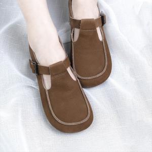 Hollow Out Leather Mary Jane Shoes Wide Toe T-Strap Flats