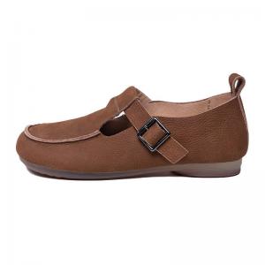 Hollow Out Leather Mary Jane Shoes Wide Toe T-Strap Flats