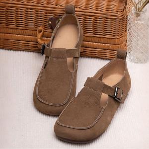 Hollow Out Leather Mary Jane Shoes Wide Toe T-Strap Flats