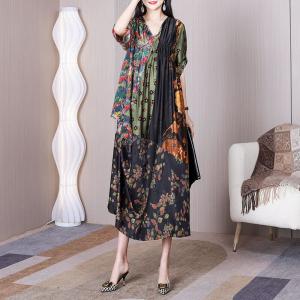 V-Neck Silk Pleated Dress High Waist Printed Elegant Dress