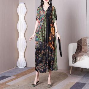 V-Neck Silk Pleated Dress High Waist Printed Elegant Dress