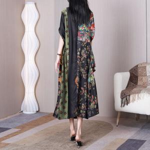 V-Neck Silk Pleated Dress High Waist Printed Elegant Dress