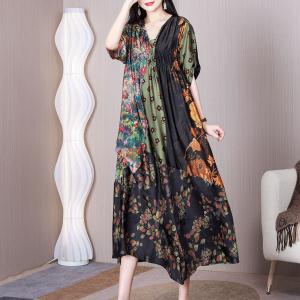 V-Neck Silk Pleated Dress High Waist Printed Elegant Dress