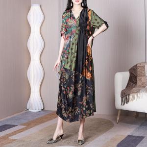V-Neck Silk Pleated Dress High Waist Printed Elegant Dress