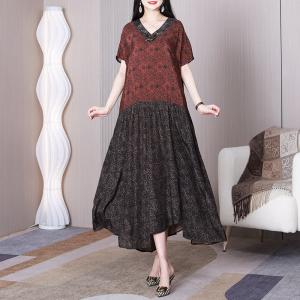 Coffee Contrast Flouncing Swing Dress V-Neck Tied Summer Dress