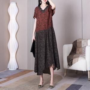 Coffee Contrast Flouncing Swing Dress V-Neck Tied Summer Dress