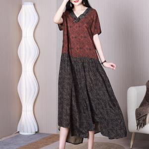 Coffee Contrast Flouncing Swing Dress V-Neck Tied Summer Dress