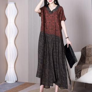 Coffee Contrast Flouncing Swing Dress V-Neck Tied Summer Dress