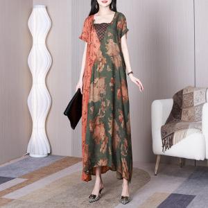 Bi-Colored Printed Maxi Kimono Dress Short Sleeves Cruise Dress