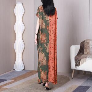 Bi-Colored Printed Maxi Kimono Dress Short Sleeves Cruise Dress