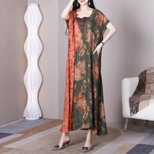 Bi-Colored Printed Maxi Kimono Dress Short Sleeves Cruise Dress