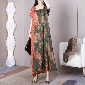 Bi-Colored Printed Maxi Kimono Dress Short Sleeves Cruise Dress