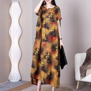 Yellow Flowers Chinese Modern Qipao Plus Size Silky Cocoon Dress