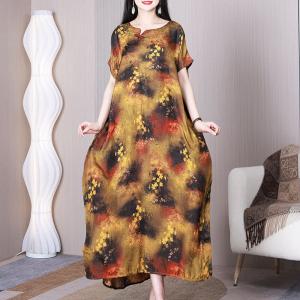 Yellow Flowers Chinese Modern Qipao Plus Size Silky Cocoon Dress