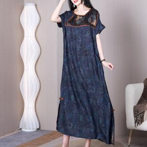 Oriental Style Loose Slit Dress Blue Modern Caftan Qipao