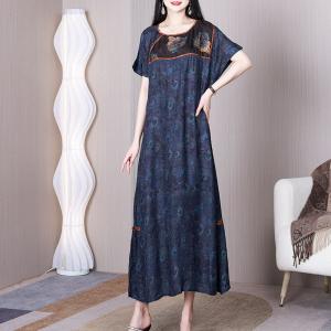 Oriental Style Loose Slit Dress Blue Modern Caftan Qipao