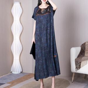 Oriental Style Loose Slit Dress Blue Modern Caftan Qipao