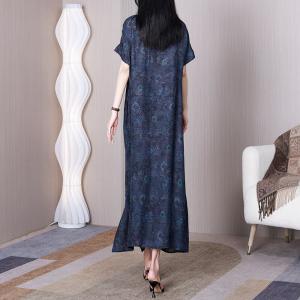 Oriental Style Loose Slit Dress Blue Modern Caftan Qipao