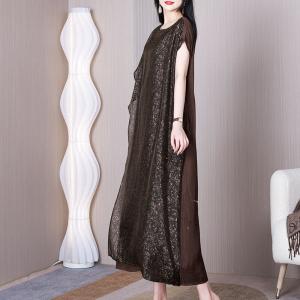 Mulberry Silk Coffee Floral Dress Layering Tied Shift Dress