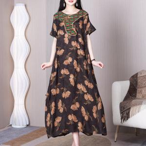 Rose Printed Loose Chinese Dress Elegant Senior Women Dress