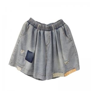 Patchwork Ripped Light Wash Jorts Wide Leg Shorts for Women