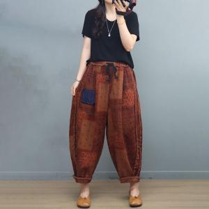 Folk Printed Travel Pull-On Pants Cotton Linen Fringed Pants