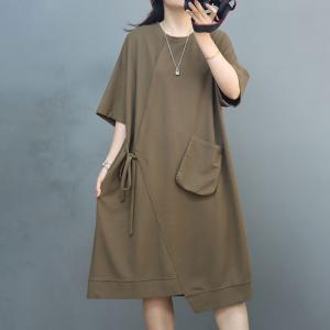 Casual Style Tied Sweatshirt Dress Loose Cotton T-shirt Dress