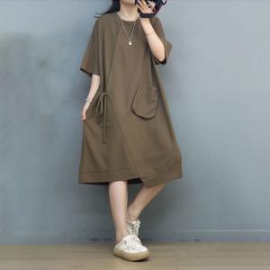 Casual Style Tied Sweatshirt Dress Loose Cotton T-shirt Dress