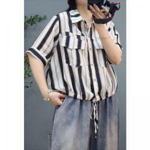 Chest Pockets Tied Short Blouse Printed Oversized Linen Blouse