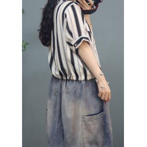 Chest Pockets Tied Short Blouse Printed Oversized Linen Blouse