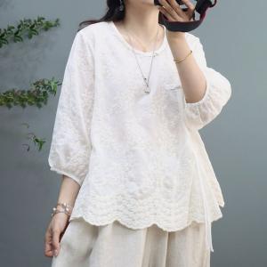 Chinese Buttons Floral Embroidery Blouse Ramie Wrap Blouse