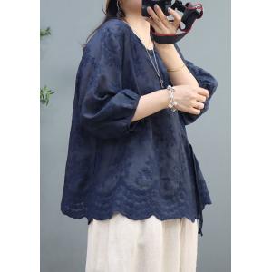 Chinese Buttons Floral Embroidery Blouse Ramie Wrap Blouse