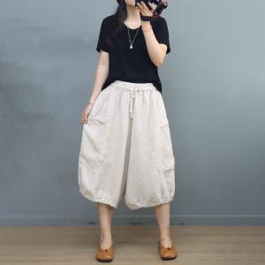 Solid Colors Linen Cropped Pants Wide Leg Gardening Pants